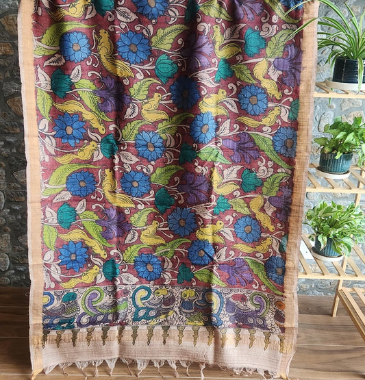 Pen kalamkari dupatta handmade dupatta Indian gifts Red dupatta floral dupatta for haldi function