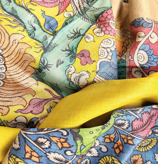 Pen kalamkari kalamkari sarees tussar silk kalahasti yellow saree 