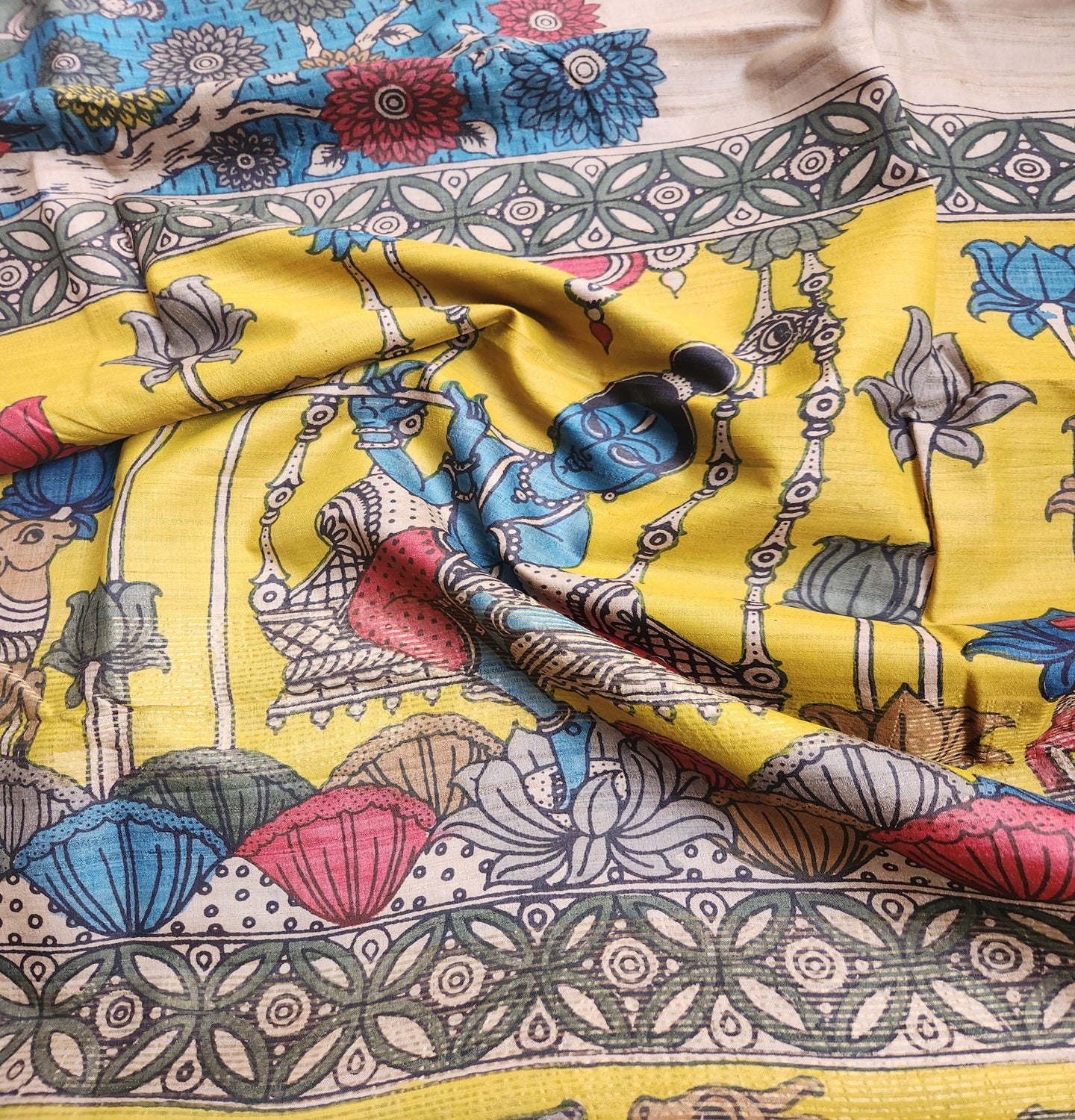 Pen kalamkari kalamkari sarees tussar silk kalahasti yellow saree HALDI outfit haldi look wedding saree