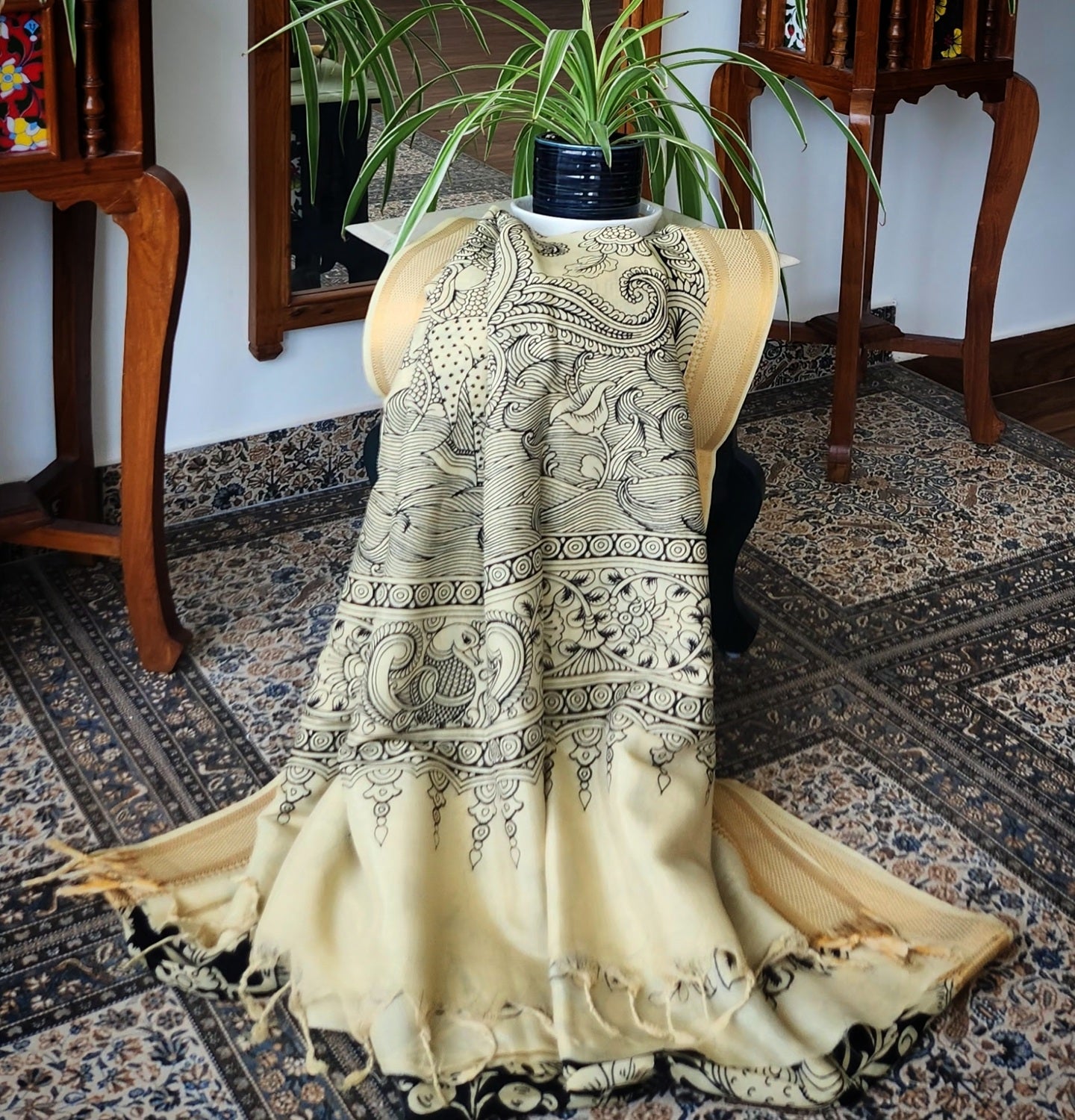 Pen kalamkari saree black and white saree saree for office saree for gifting