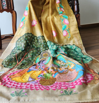 Pichwai saree designer saree haldi look wedding outfit wedding shopping krishna radha saree yellow saree