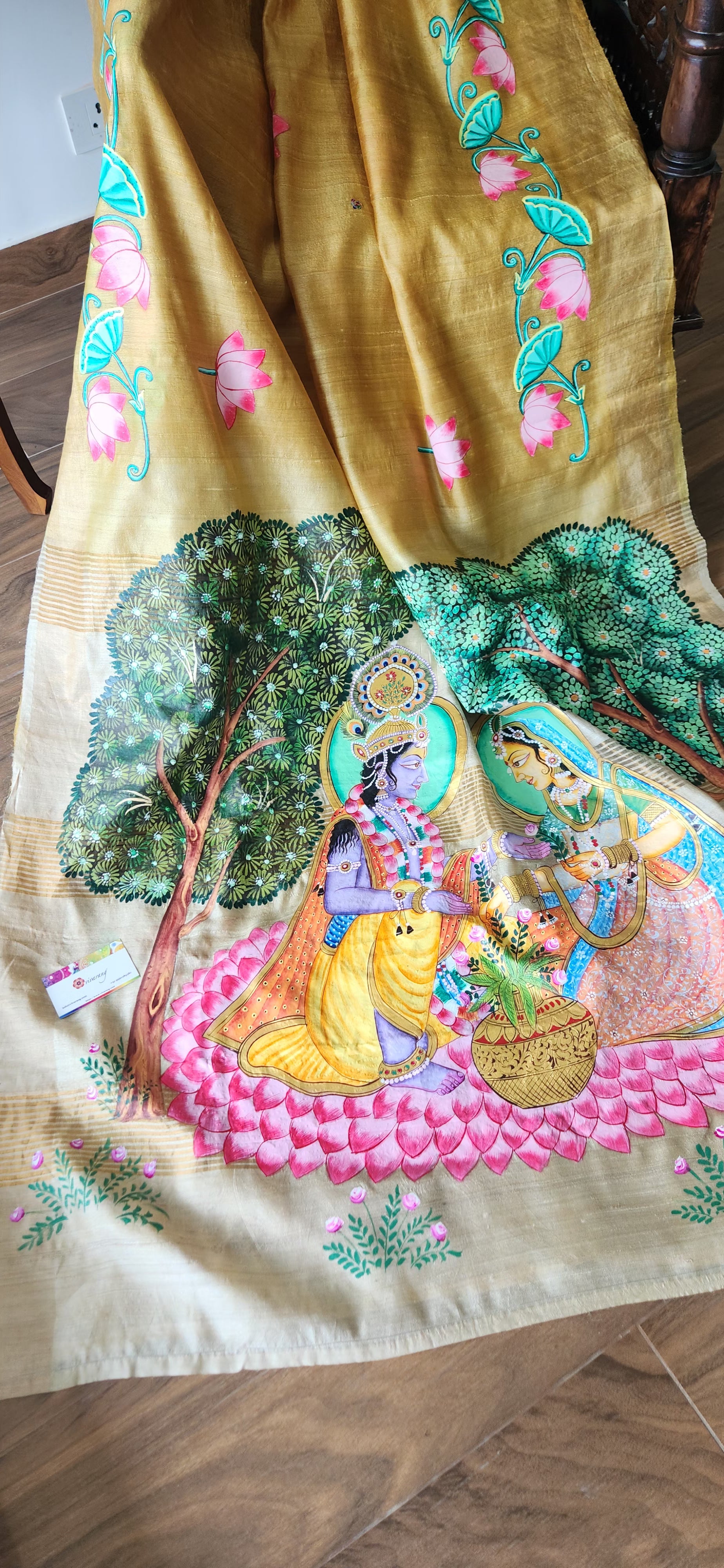 Pichwai saree designer saree haldi look wedding outfit wedding shopping krishna radha saree yellow saree