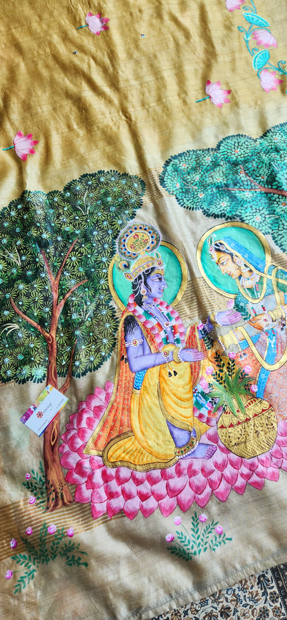Pichwai saree designer saree haldi look wedding outfit wedding shopping krishna radha saree yellow saree