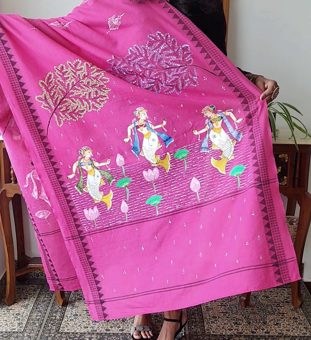 Pink dupatta Pattachitra dupatta Magenta dupatta handmade gifts Indian gits cotton dupatta handloom dupatta