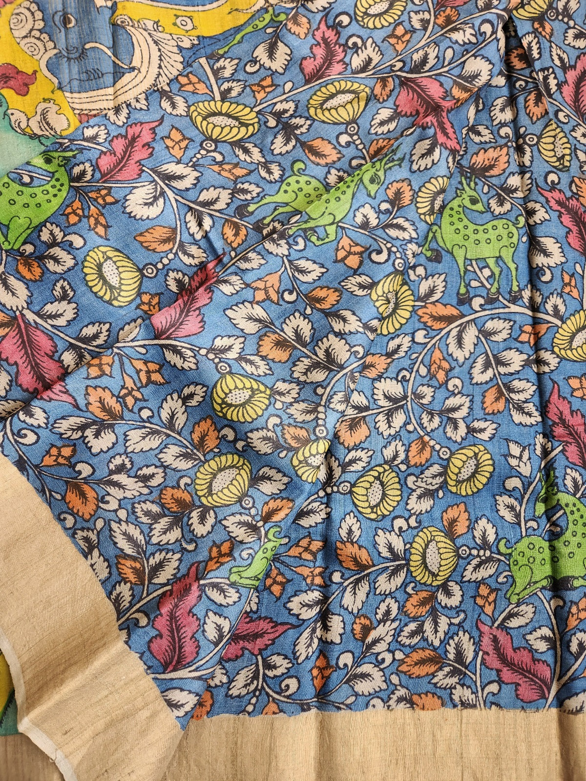 Pen kalamkari kalamkari sarees tussar silk kalahasti yellow saree 