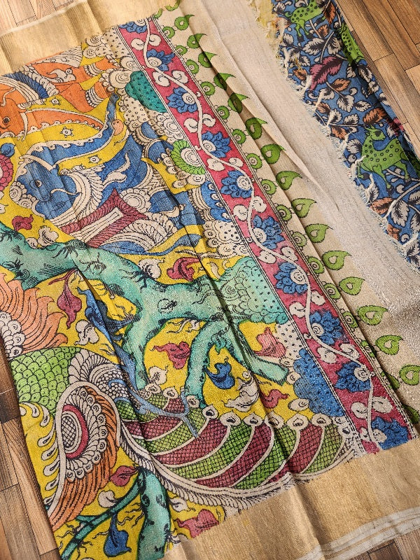 Pen kalamkari kalamkari sarees tussar silk kalahasti yellow saree 