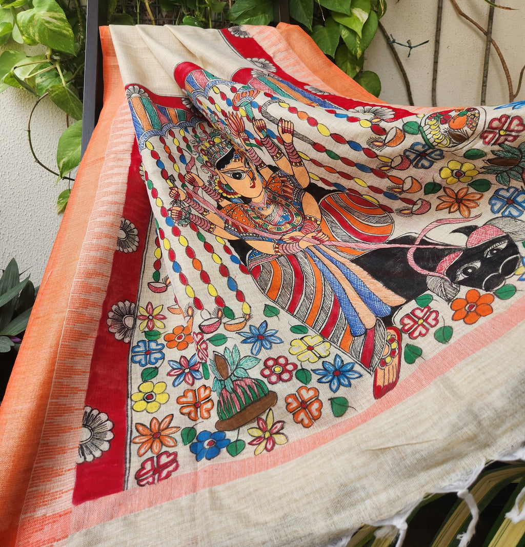 durga ji pujo shopping madhubani dupatta orange dupatta durga dupatta handmade gifts