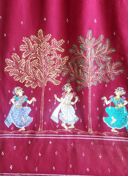 Red dupatta Pattachitra dupatta cotton dupatta burgundy dupatta for officewear Indian gifts handmade dupatta wedding shopping