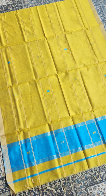 handloom suit set officewear suit dress for gifting yellow dupatta yellow blue combination Maheshwari