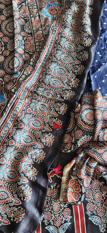 ajrakh bandhani saree silk saree blue saree officewear saree Indian gifts