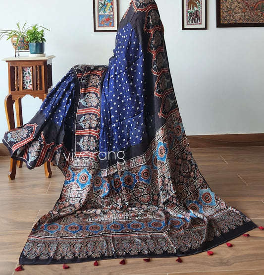 ajrakh bandhani saree silk saree blue saree officewear saree Indian gifts
