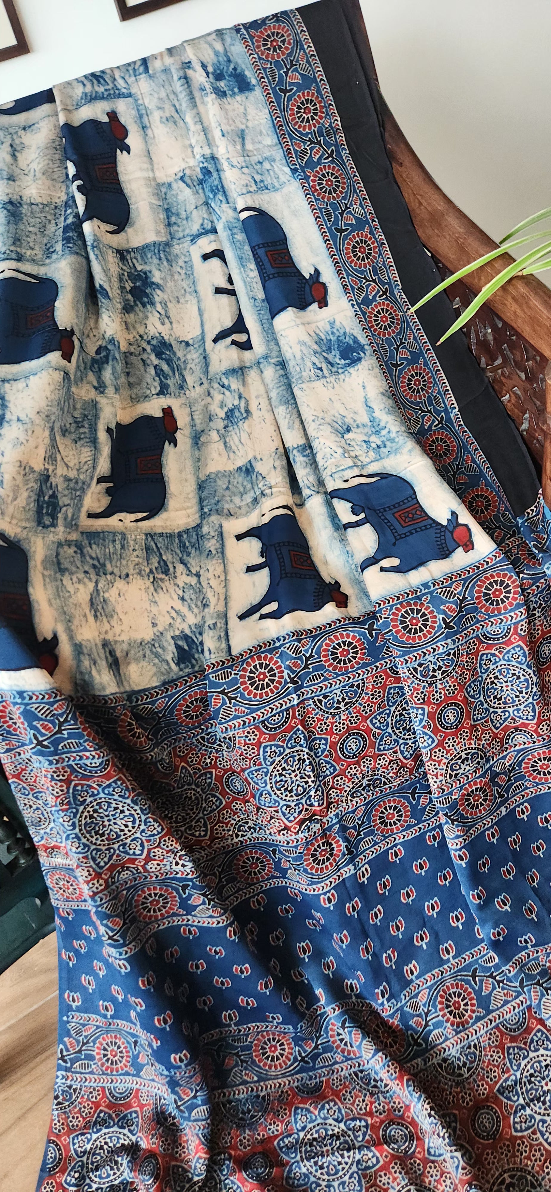 ajrakh saree blue saree handmade saree officewear saree modal silk saree cows saree