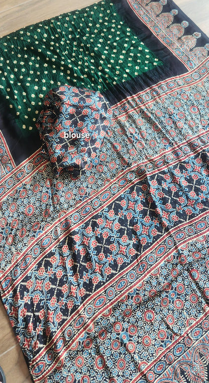 bandhani saree green saree mehndi look saree fo rmehndi function ajrakh saree