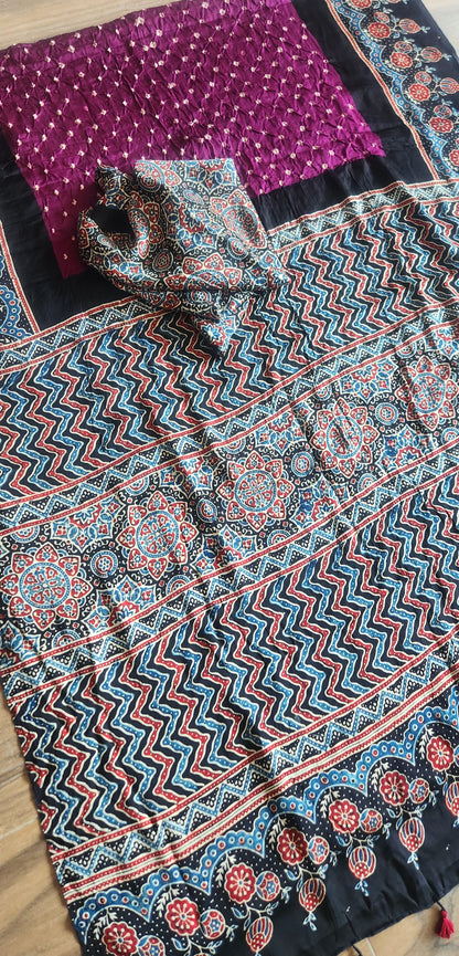 bandhani saree purple saree saree for gifting ajrakh saree