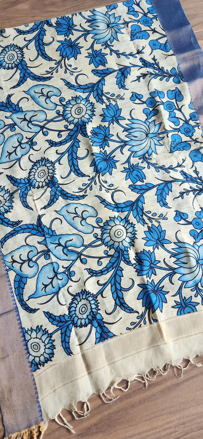 blue lotus dupatta pen kalamkari dupatta