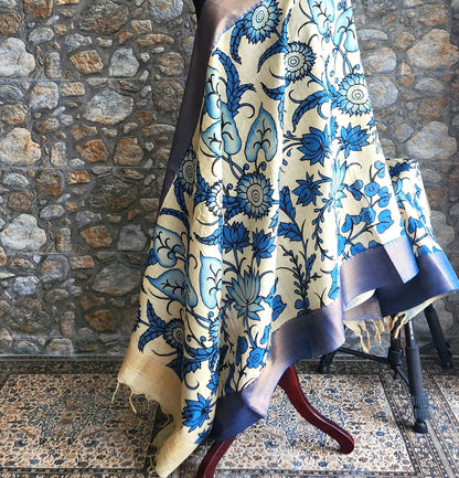 blue lotus dupatta pen kalamkari dupatta