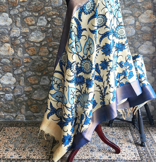 blue lotus dupatta pen kalamkari dupatta