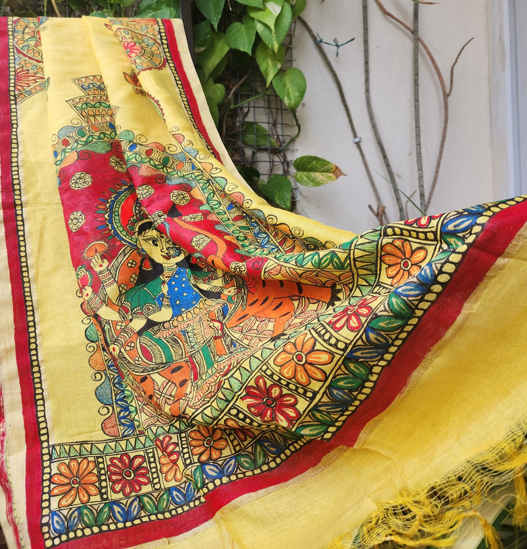 durga ji pujo shopping madhubani dupatta Yellow dupatta durga dupatta handmade gifts