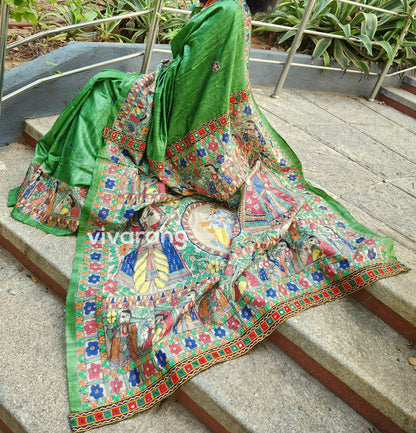 confluence artformsofIndia Green Saree Indiangifts wedding saree Madhubani saree Pichwai Saree Mehndi look
