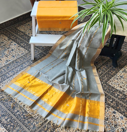handloom suit set officewear suit dress for gifting Grey dupatta Grey yellow combination Maheshwari