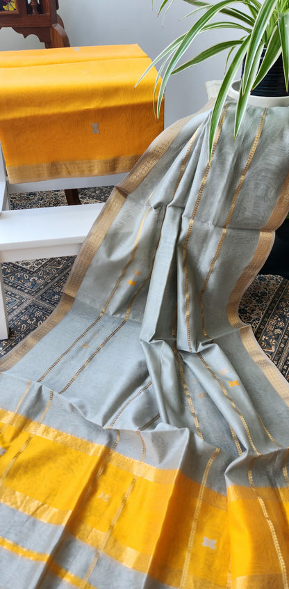 handloom suit set officewear suit dress for gifting Grey dupatta Grey yellow combination Maheshwari wedding shopping