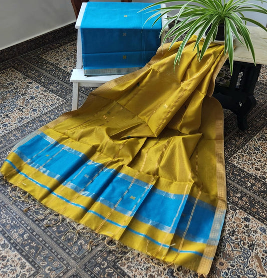 handloom suit set officewear suit dress for gifting yellow dupatta yellow blue combination Maheshwari