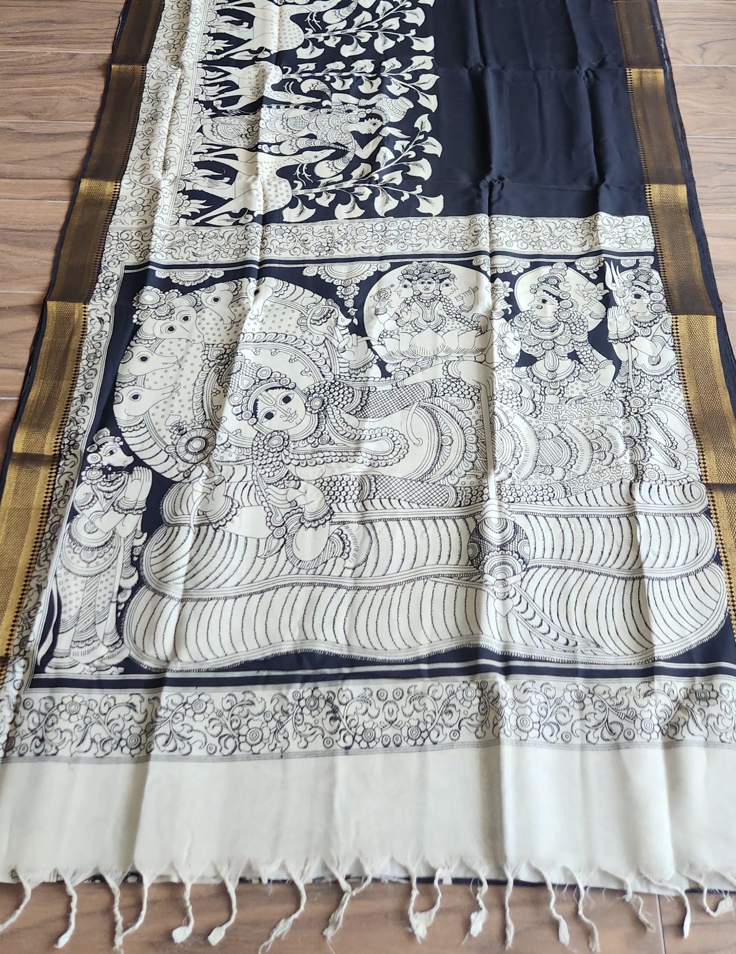 Pen kalamkari saree black and white saree saree for office saree for gifting
