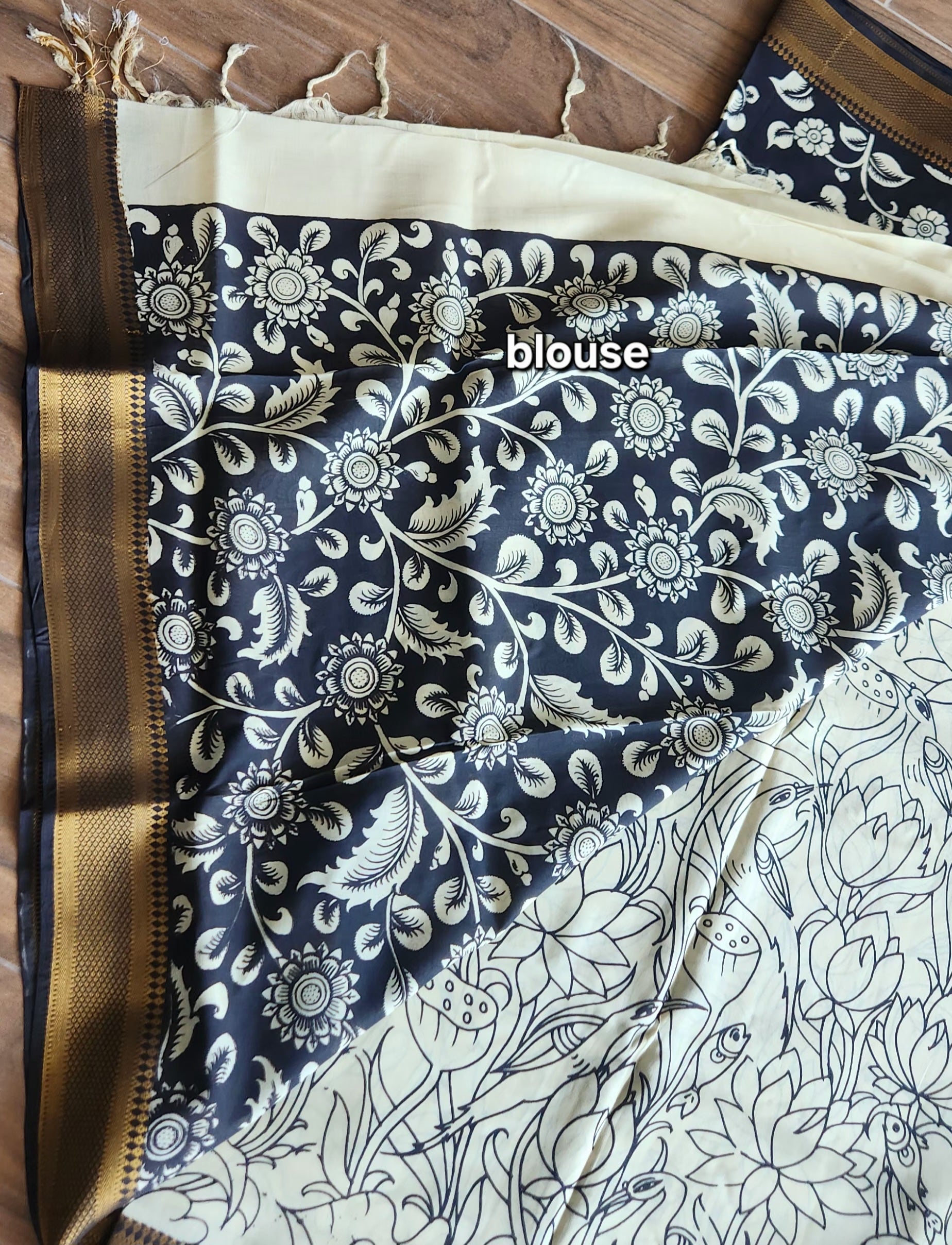 Pen kalamkari saree black and white saree saree for office saree for gifting Lotus saree