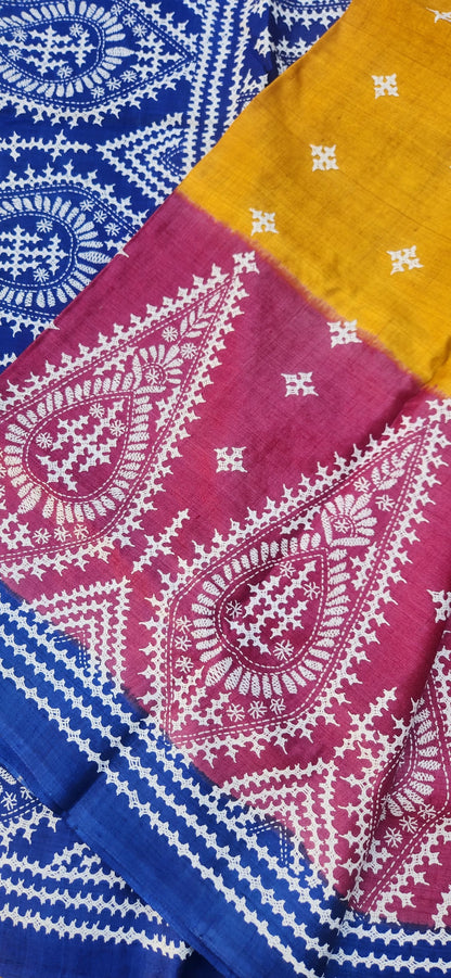 kutchwork saree blue saree kantha saree designer saree silk saree