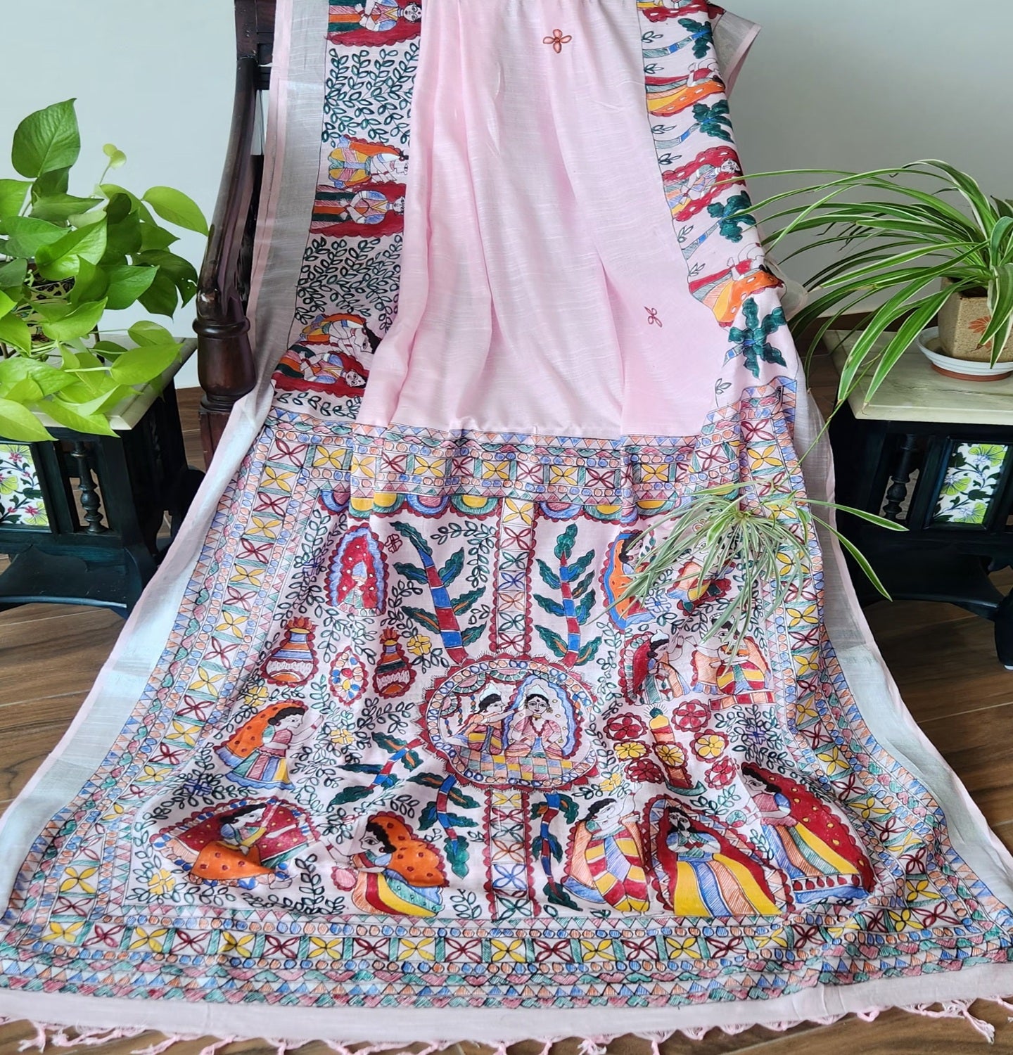 linen saree pink saree Madhubani saree saree for gifting handmade saree 