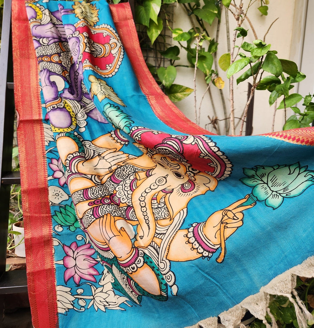 pen kalamkari silk dupatta Blue dupatta Indian gifts rakhi gifts Ganesha
