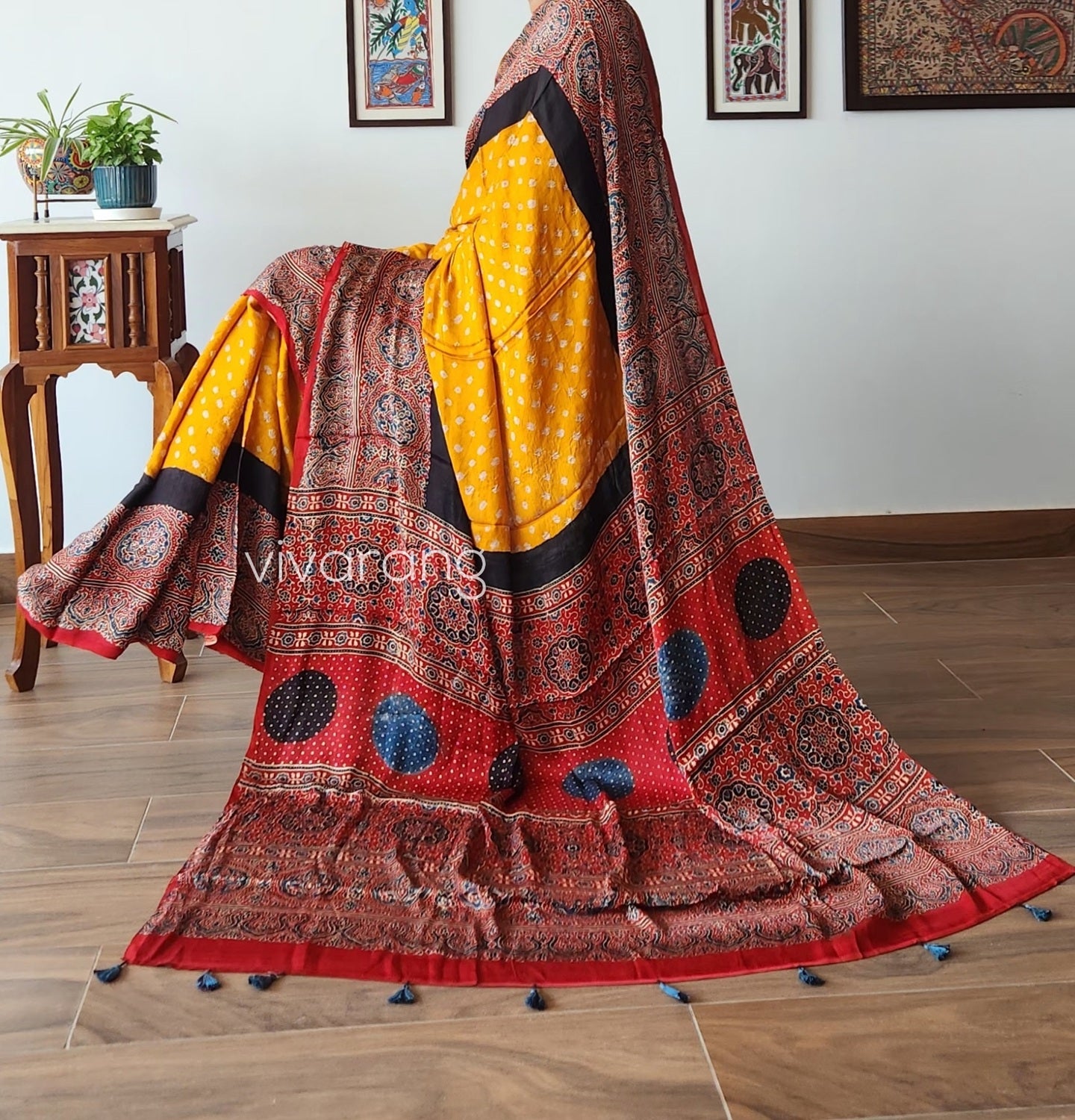 red saree yellow saree bandhani saree ajrakh saree Haldilook wedding saree