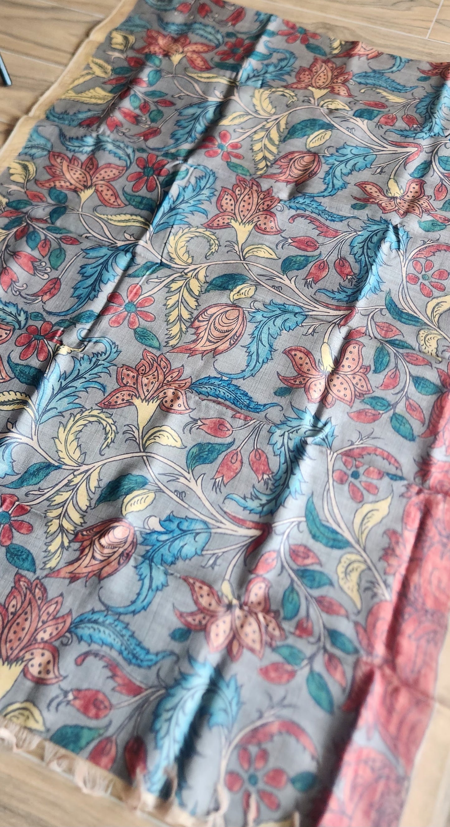 Pen kalamkari saree Village life saree tussar saree designer saree handmade saree Grey saree village theme saree 