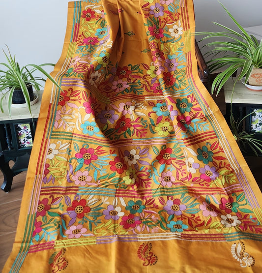 kantha saree silk saree handembroidered saree yellow saree saree for haldi function 