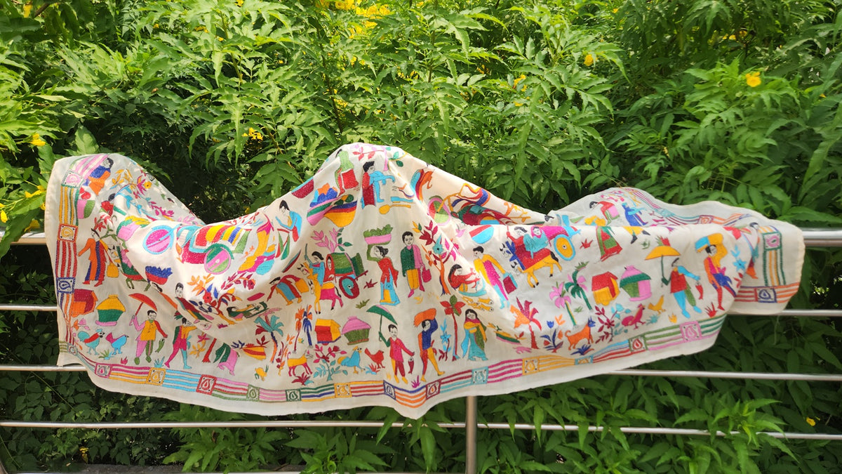 village kantha kantha dupatta handmade dupatta unique dupatta Indian gifts wall decor shekantha itokri