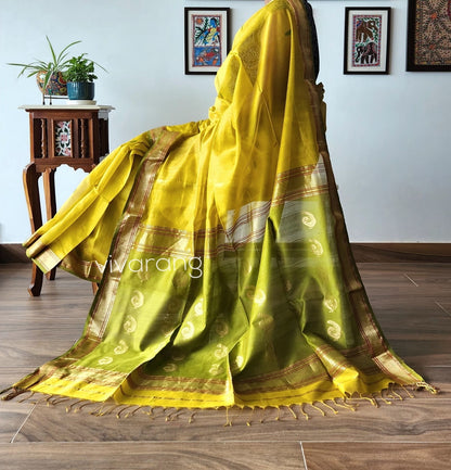 yellow saree green saree wedding shopping haldi look saree for Mehndi function handloom saree Maheshwari saree