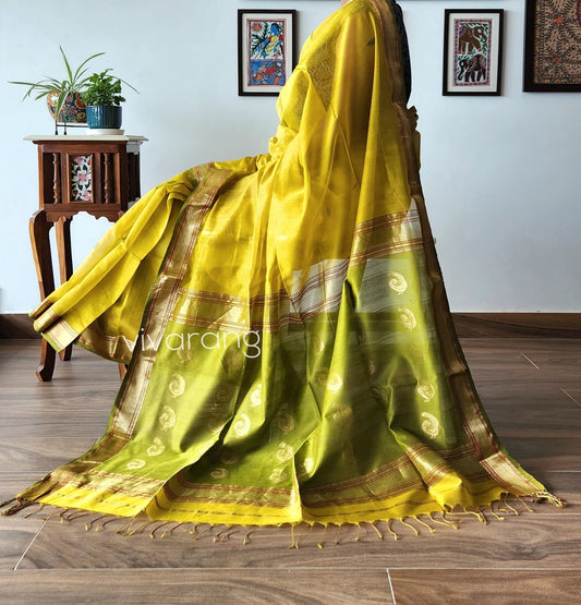 yellow saree green saree wedding shopping haldi look saree for Mehndi function handloom saree Maheshwari saree