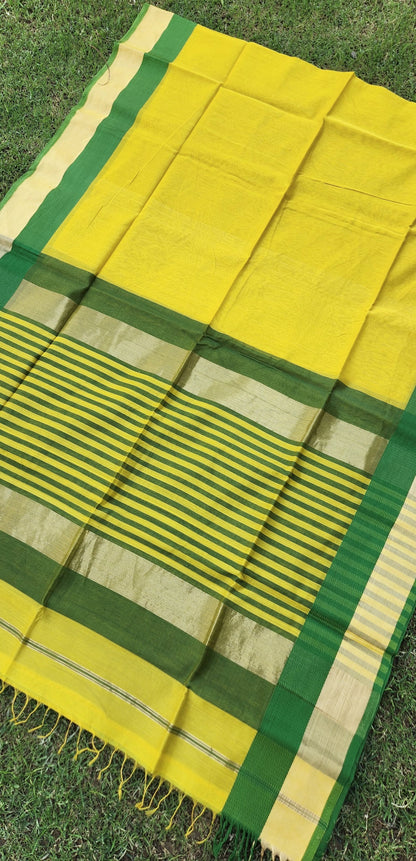 yellow saree green saree wedding shopping haldi look Maheshwari handloom saree