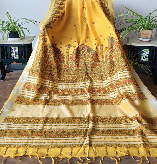 yellow saree linen saree saree for haldi function Madhubani saree