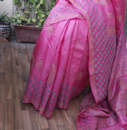 chikankari saree chikankari silk sareepink saree chikankaritussar handmade pink tussar