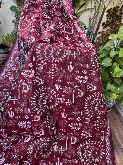burgundy kantha dupatta warli dupatta handmade gifts wedding shopping