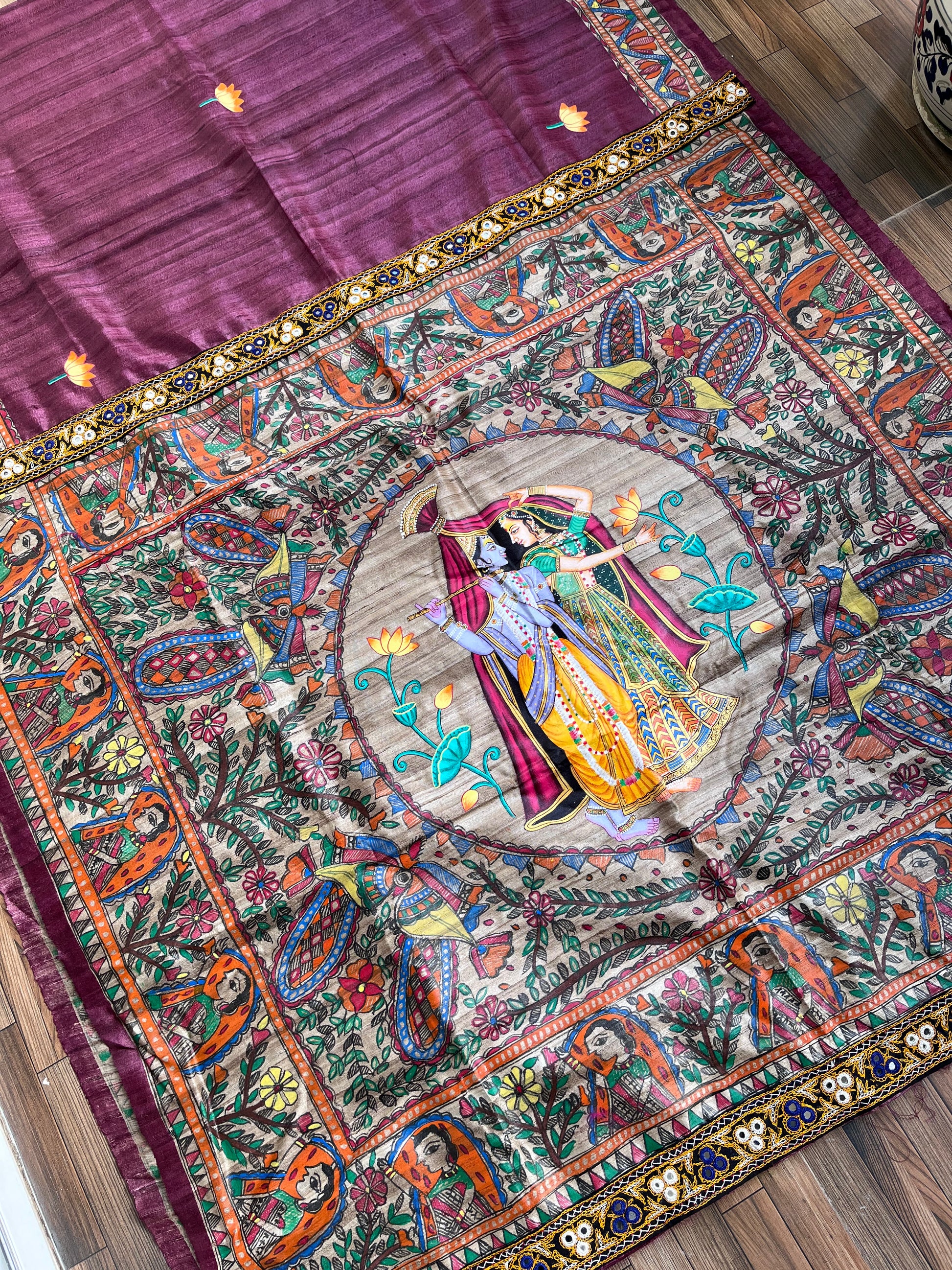 fusion saree madhubani saree wine color rosewoodpink sarees designersaree kutchwork pichwai