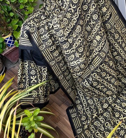kantha saree black saree yellow warli designer saree
