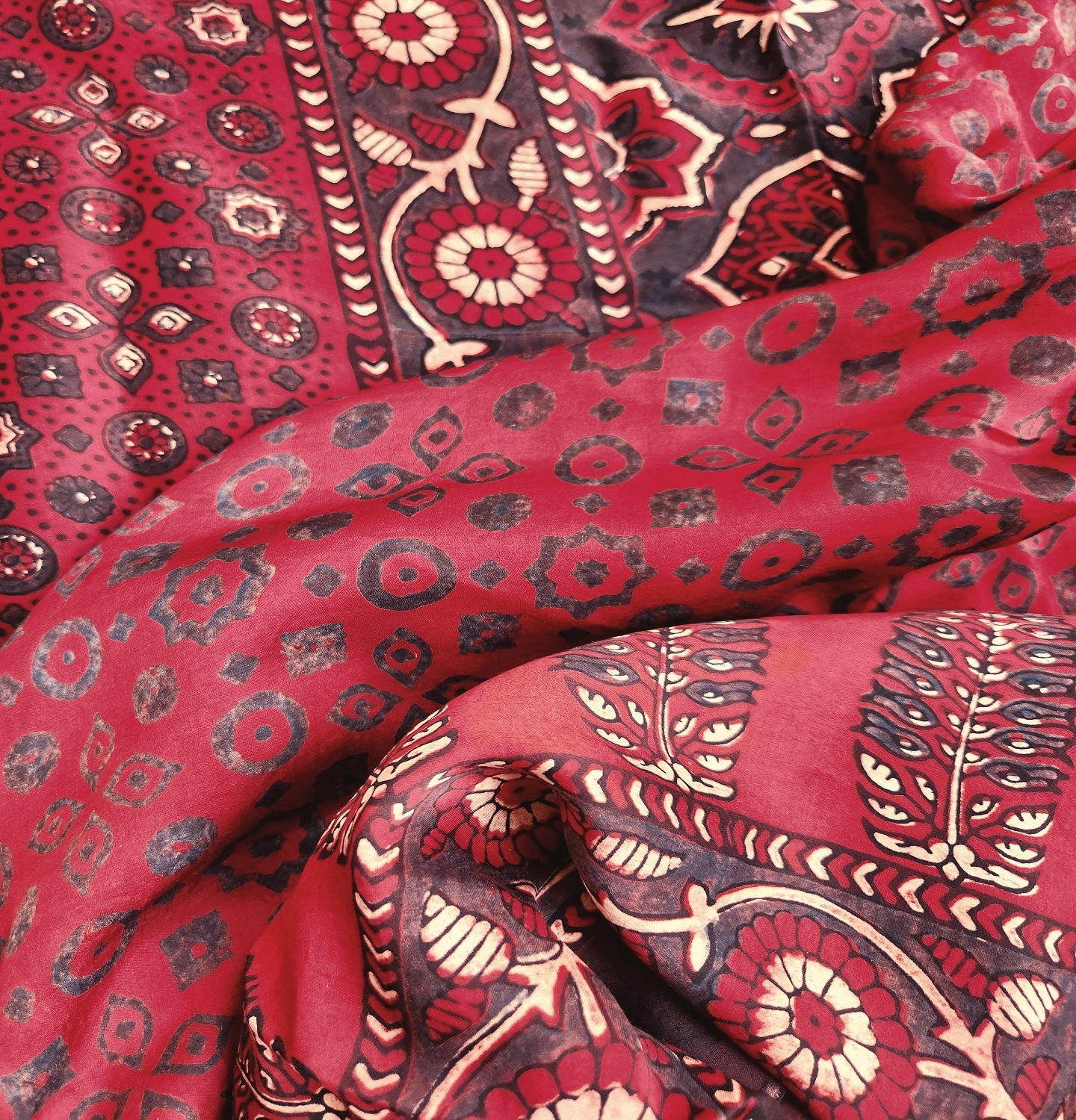 Ajrakh saree, red saree, modal silk