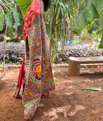 red saree luxe fashion Indian sarees Rakhi gift designer saree kerala mural wedding saree