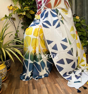 Clamp dyed shibori modal silk saree rainbow saree white saree