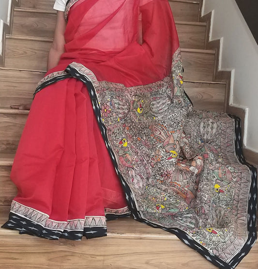 Madhubani saree red saree designer saree Krishna saree Pujo shopping saree under 6k