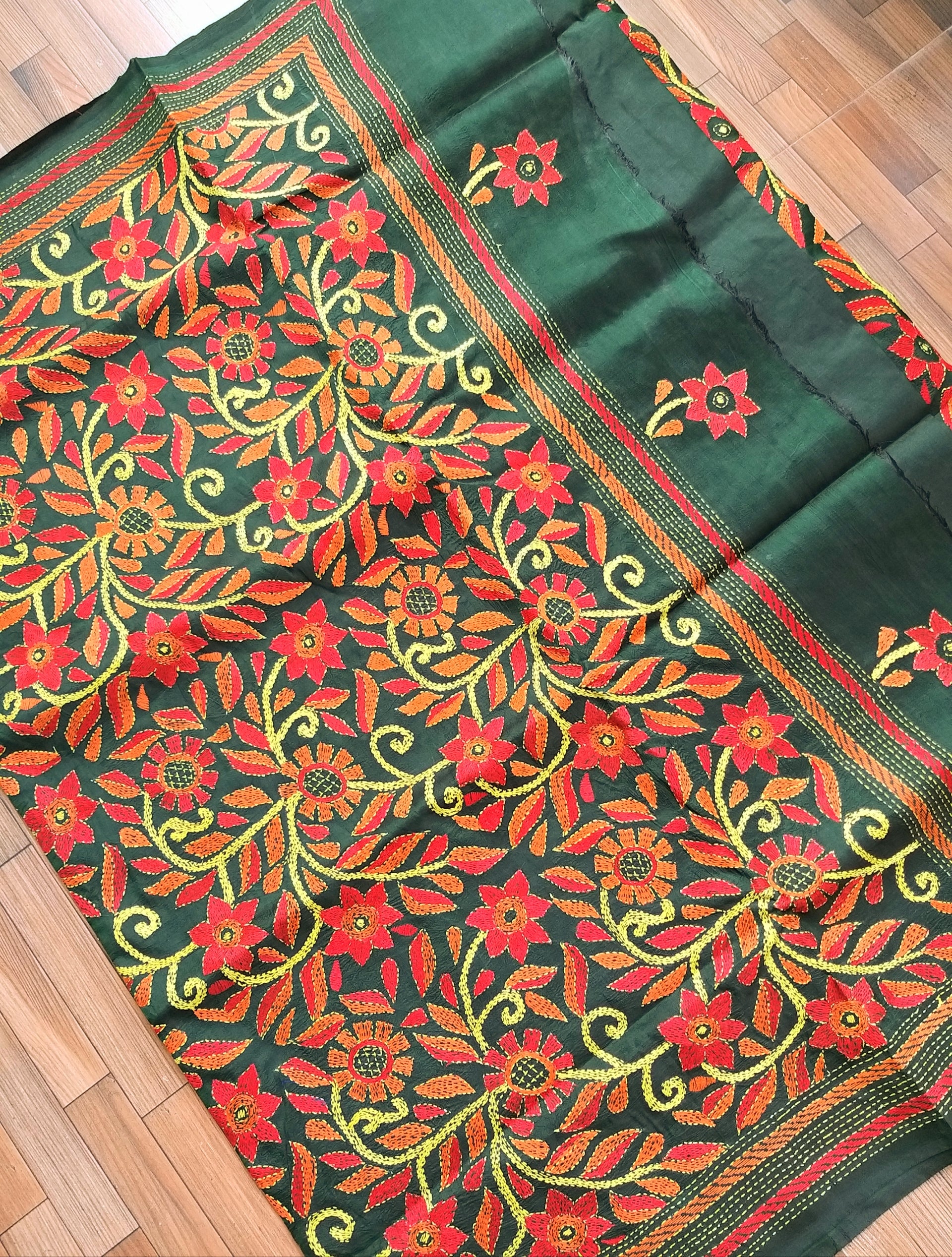 kantha saree silksarees weddingshopping green saree kanthasaree floral