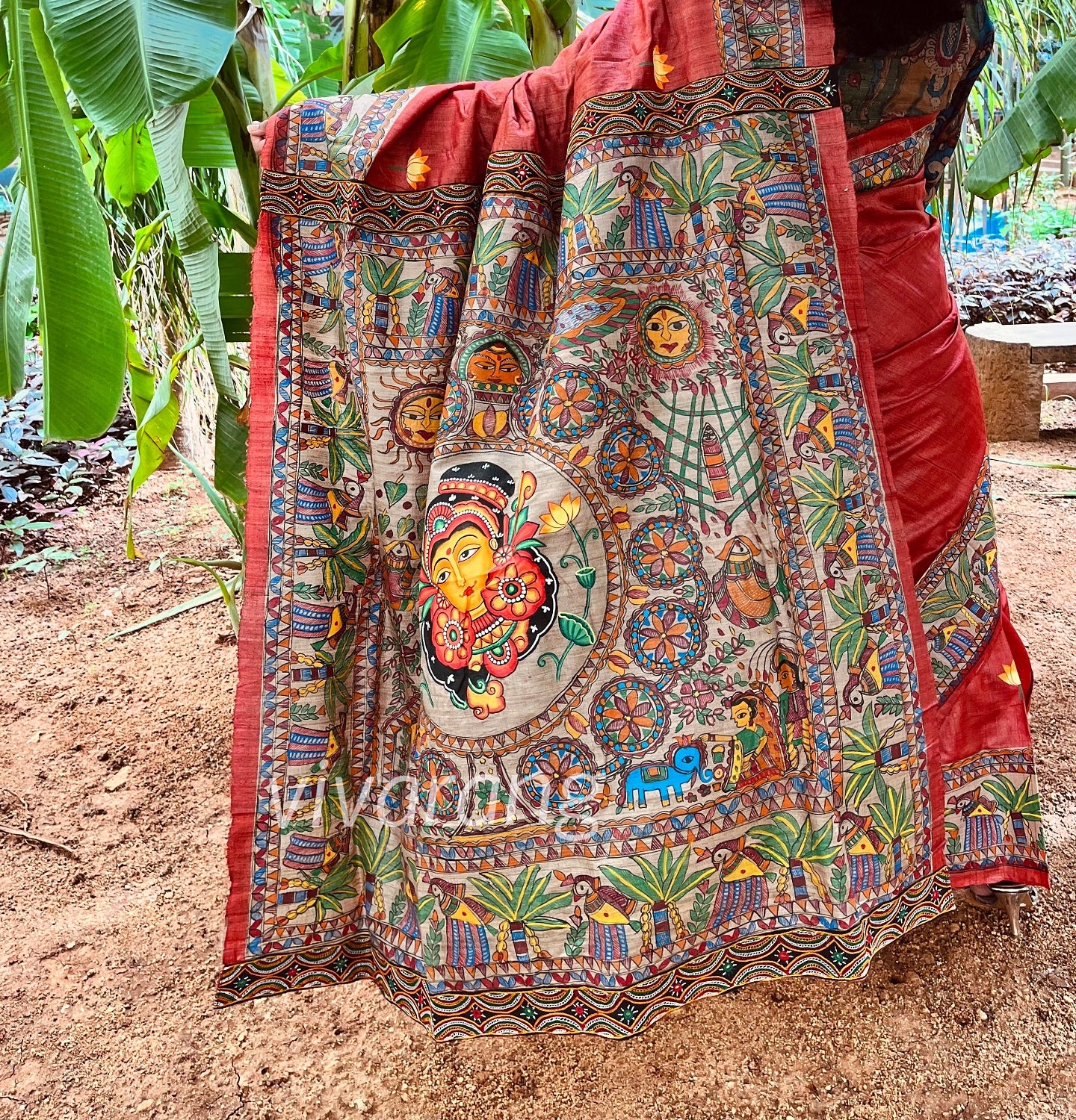 red saree luxe fashion Indian sarees Rakhi gift designer saree kerala mural wedding saree