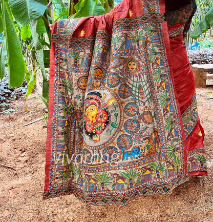 red saree luxe fashion Indian sarees Rakhi gift designer saree kerala mural wedding saree